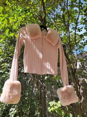 Creme Beige Tan Faux Fur-Trim Zip Cardigan Jacket With Removable Faux Fur